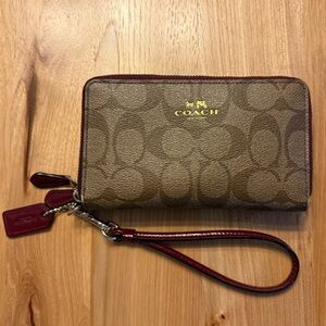 Coach tan and maroon signature Wristlet